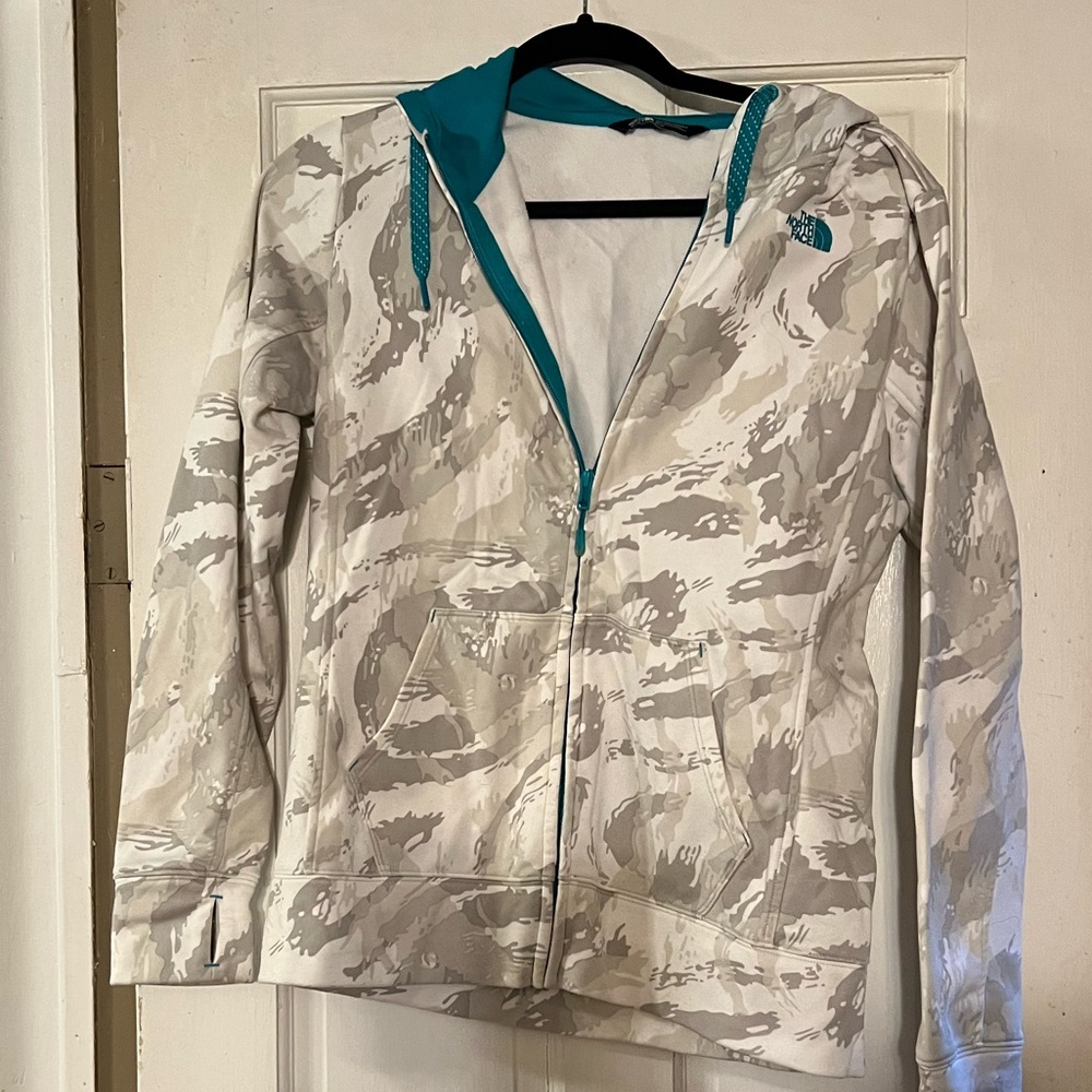 The North Face zip- up for Ladies Medium white Snow Camo aqua